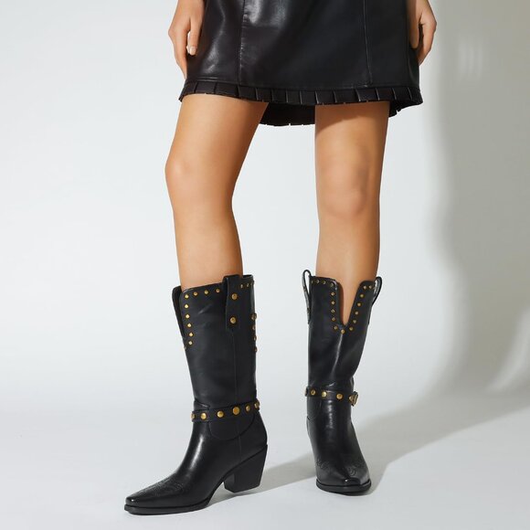 🆕Womens Black Faux Leather Mid Calf Square Toe Block Chunky Heel Studded Boots - Picture 13 of 13